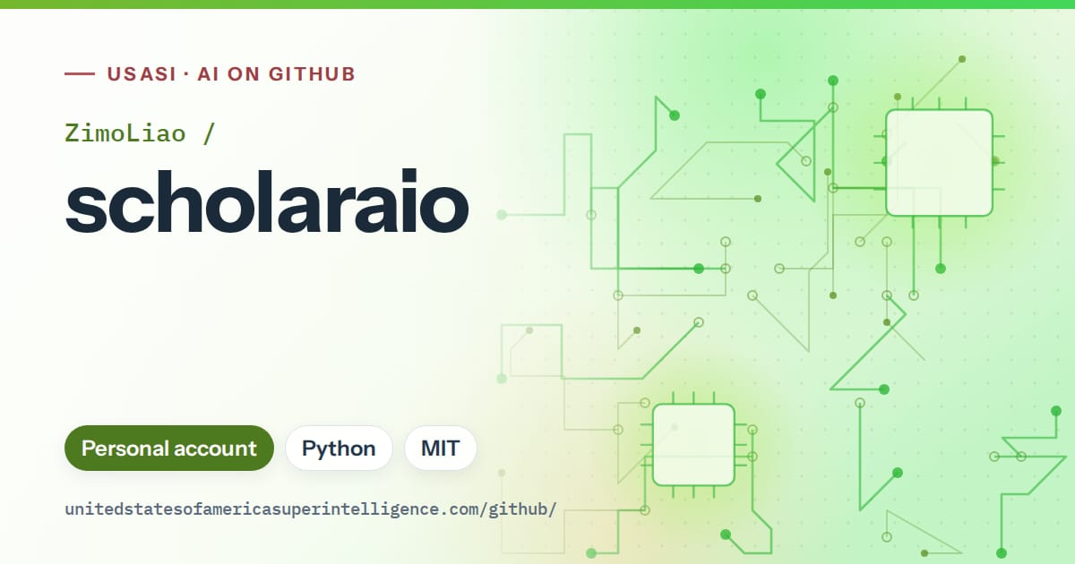 Generated green circuit-trace artwork for ZimoLiao/scholaraio, labeled USASI · AI on GitHub, with Personal account · Python · MIT.