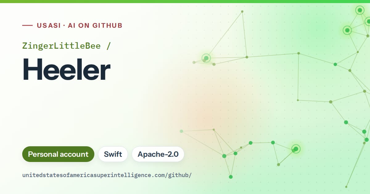 Generated green constellation network artwork for ZingerLittleBee/Heeler, labeled USASI · AI on GitHub, with Personal account · Swift · Apache-2.0.