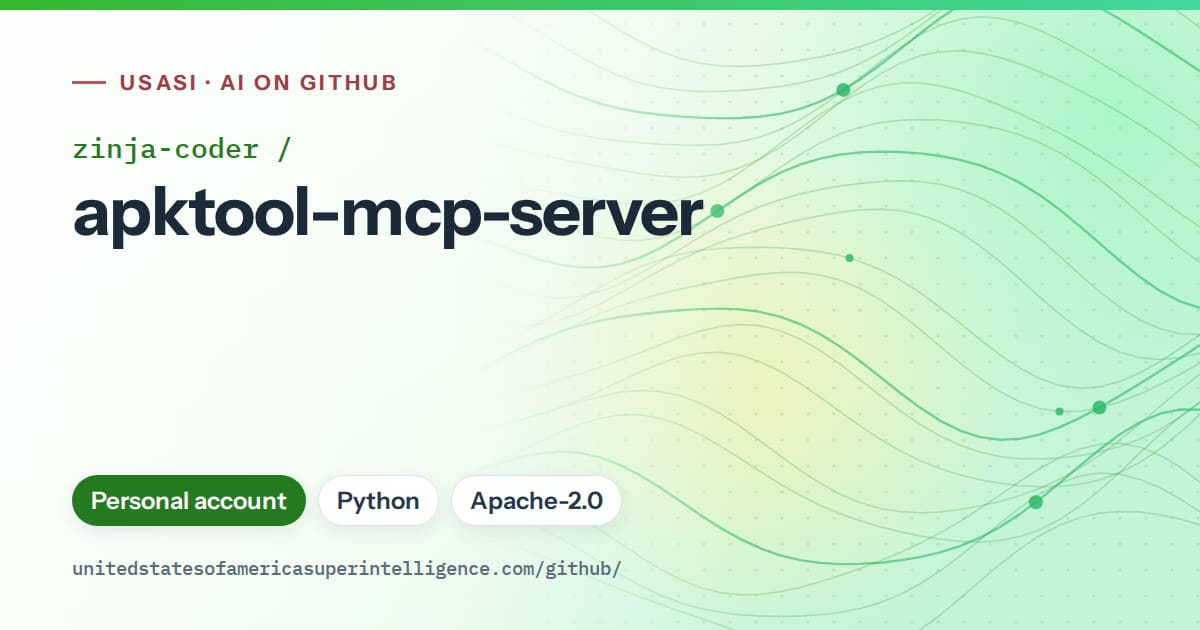 Generated green flowing-wave artwork for zinja-coder/apktool-mcp-server, labeled USASI · AI on GitHub, with Personal account · Python · Apache-2.0.
