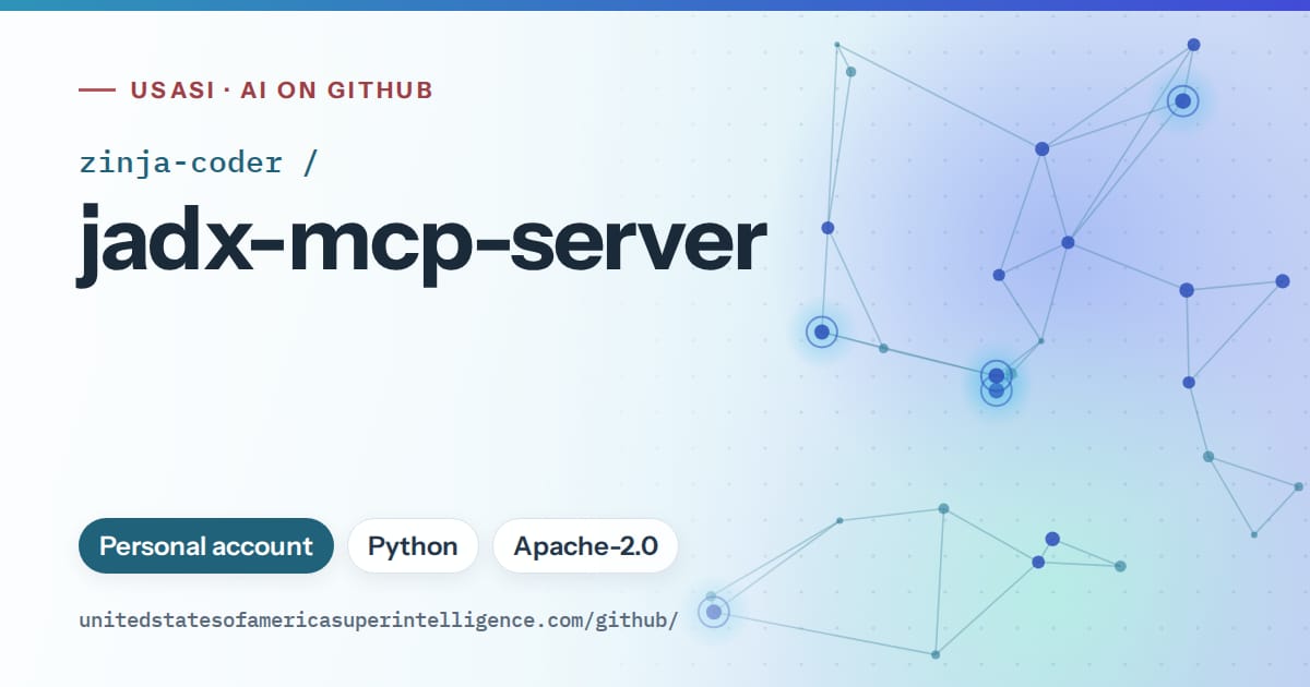 Generated sky blue constellation network artwork for zinja-coder/jadx-mcp-server, labeled USASI · AI on GitHub, with Personal account · Python · Apache-2.0.