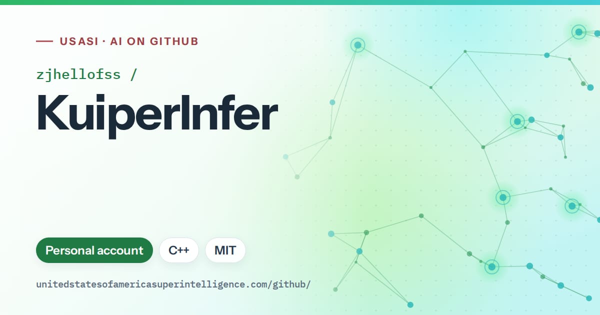Generated green constellation network artwork for zjhellofss/KuiperInfer, labeled USASI · AI on GitHub, with Personal account · C++ · MIT.
