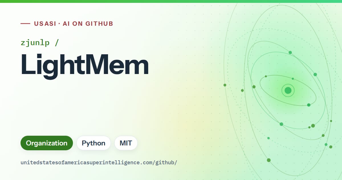 Generated green orbit artwork for zjunlp/LightMem, labeled USASI · AI on GitHub, with Organization · Python · MIT.
