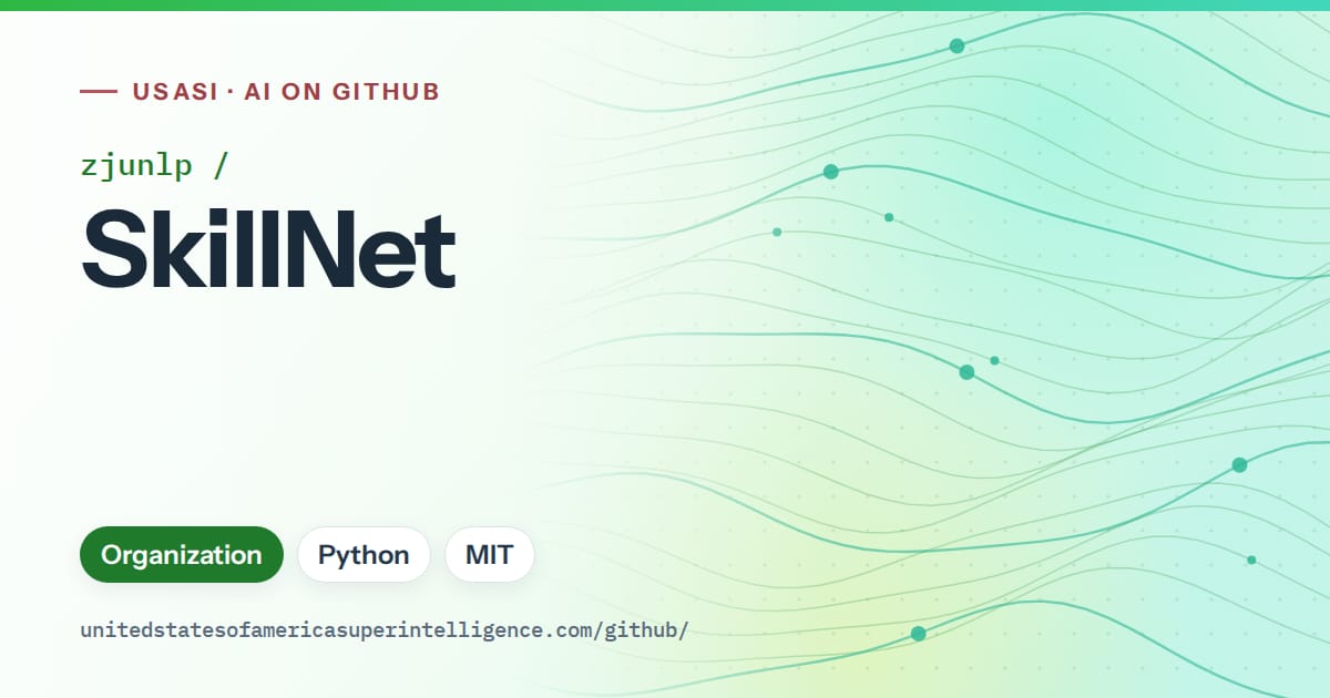 Generated green flowing-wave artwork for zjunlp/SkillNet, labeled USASI · AI on GitHub, with Organization · Python · MIT.