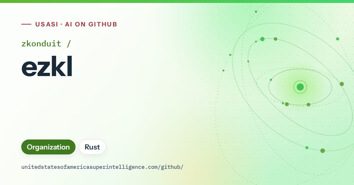 Generated green orbit artwork for zkonduit/ezkl, labeled USASI · AI on GitHub, with Organization · Rust.