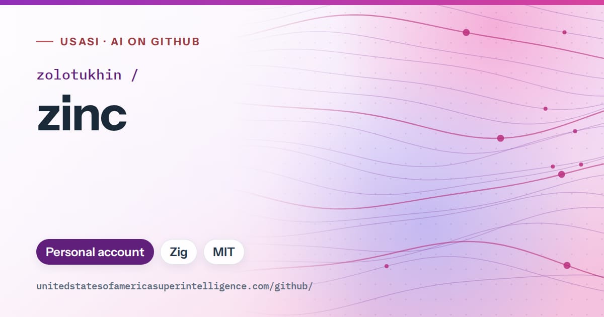 Generated violet flowing-wave artwork for zolotukhin/zinc, labeled USASI · AI on GitHub, with Personal account · Zig · MIT.