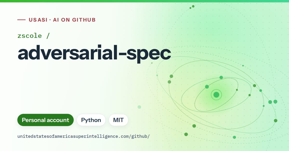 Generated green orbit artwork for zscole/adversarial-spec, labeled USASI · AI on GitHub, with Personal account · Python · MIT.