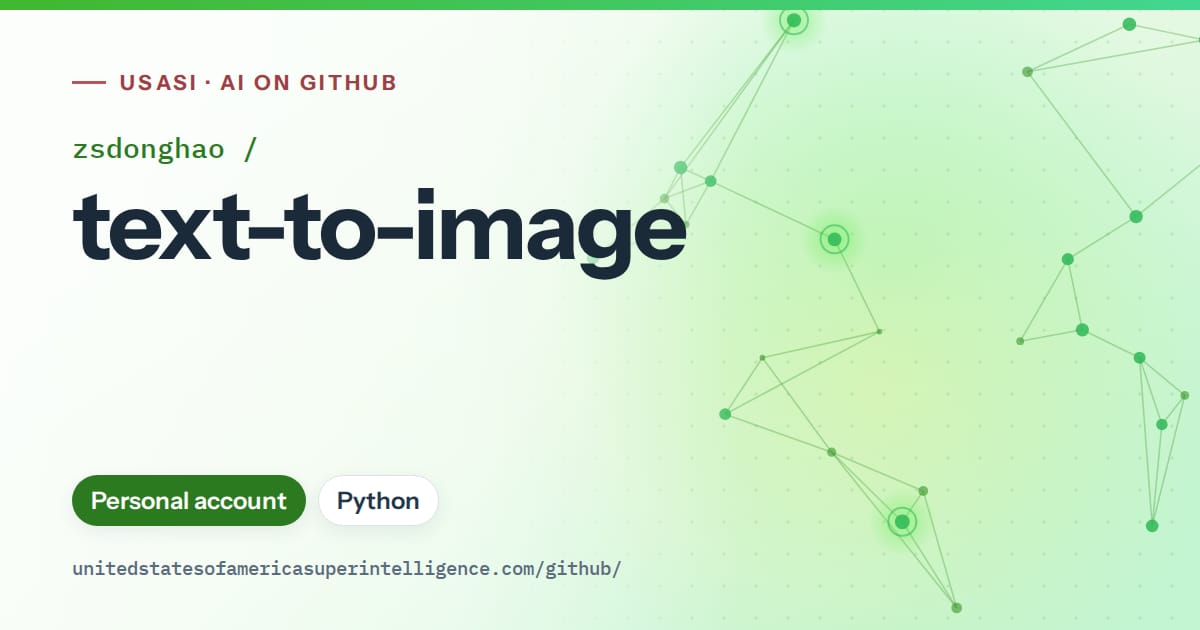 Generated green constellation network artwork for zsdonghao/text-to-image, labeled USASI · AI on GitHub, with Personal account · Python.