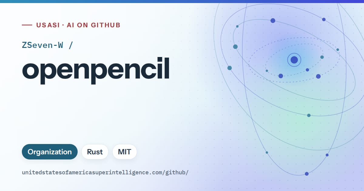 Generated sky blue orbit artwork for ZSeven-W/openpencil, labeled USASI · AI on GitHub, with Organization · Rust · MIT.