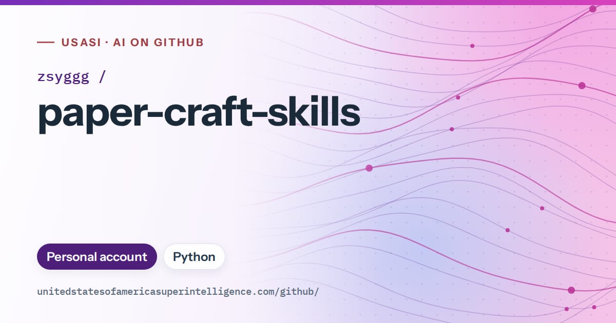 Generated violet flowing-wave artwork for zsyggg/paper-craft-skills, labeled USASI · AI on GitHub, with Personal account · Python.