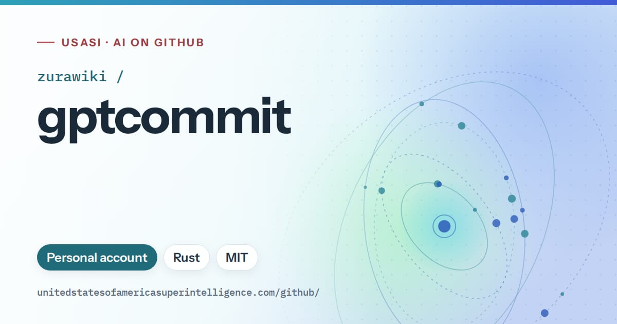 Generated sky blue orbit artwork for zurawiki/gptcommit, labeled USASI · AI on GitHub, with Personal account · Rust · MIT.