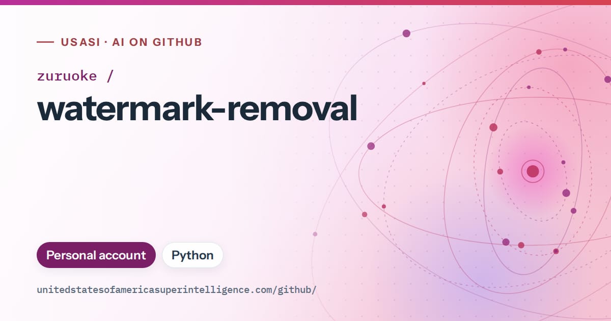 Generated purple orbit artwork for zuruoke/watermark-removal, labeled USASI · AI on GitHub, with Personal account · Python.