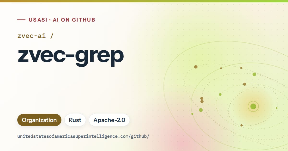 Generated orange orbit artwork for zvec-ai/zvec-grep, labeled USASI · AI on GitHub, with Organization · Rust · Apache-2.0.