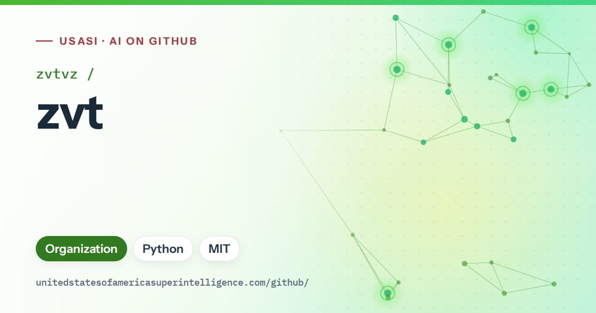Generated green constellation network artwork for zvtvz/zvt, labeled USASI · AI on GitHub, with Organization · Python · MIT.