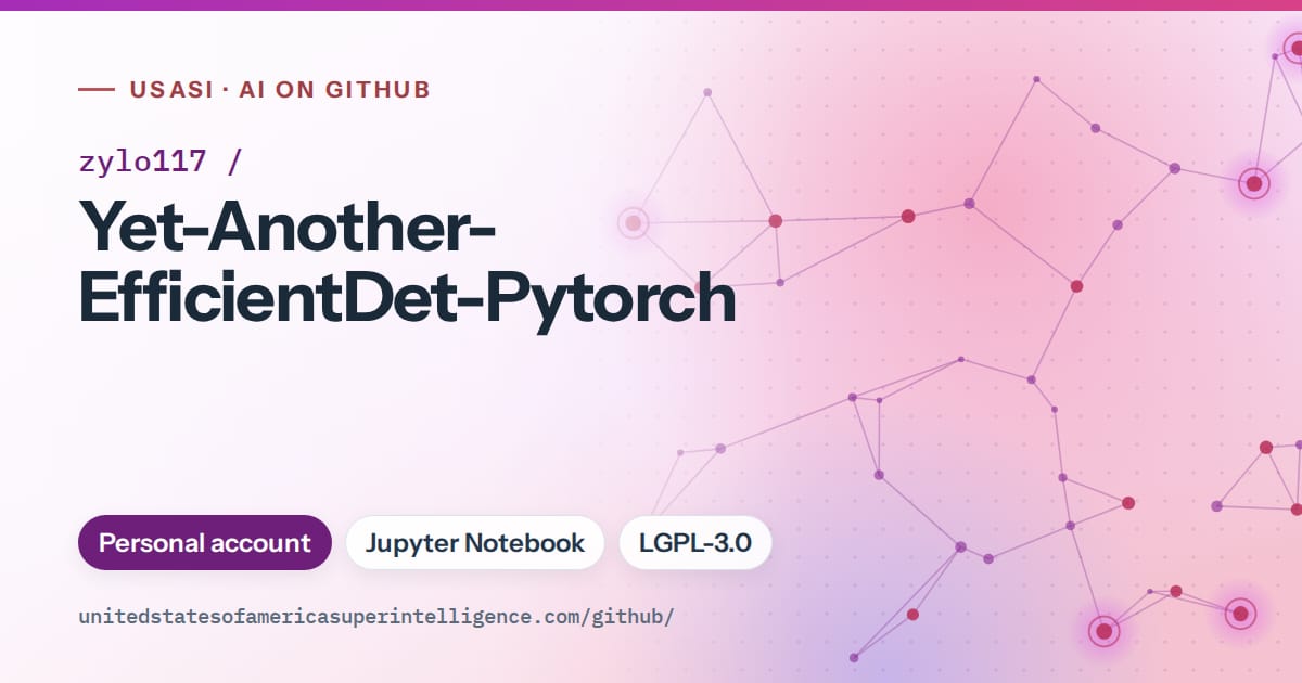 Generated purple constellation network artwork for zylo117/Yet-Another-EfficientDet-Pytorch, labeled USASI · AI on GitHub, with Personal account · Jupyter Notebook · LGPL-3.0.