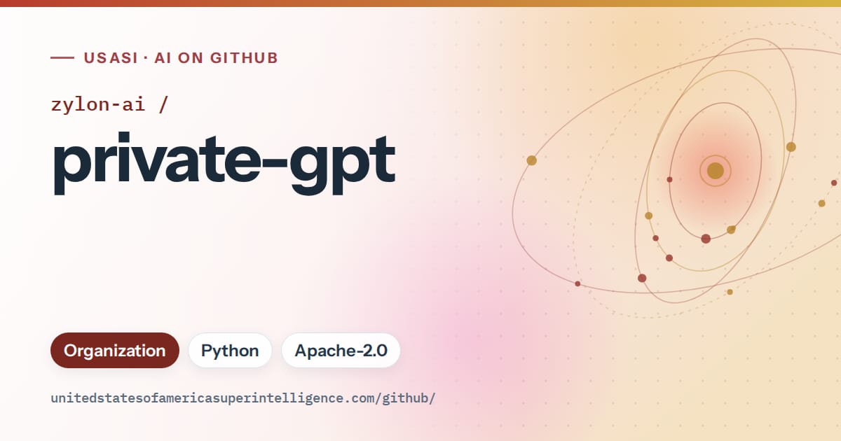Generated red orbit artwork for zylon-ai/private-gpt, labeled USASI · AI on GitHub, with Organization · Python · Apache-2.0.
