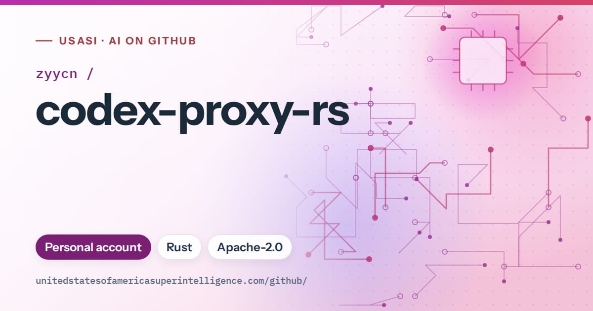 Generated purple circuit-trace artwork for zyycn/codex-proxy-rs, labeled USASI · AI on GitHub, with Personal account · Rust · Apache-2.0.
