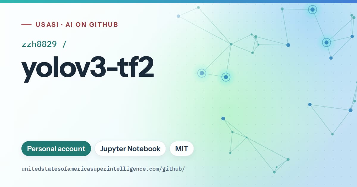 Generated teal constellation network artwork for zzh8829/yolov3-tf2, labeled USASI · AI on GitHub, with Personal account · Jupyter Notebook · MIT.