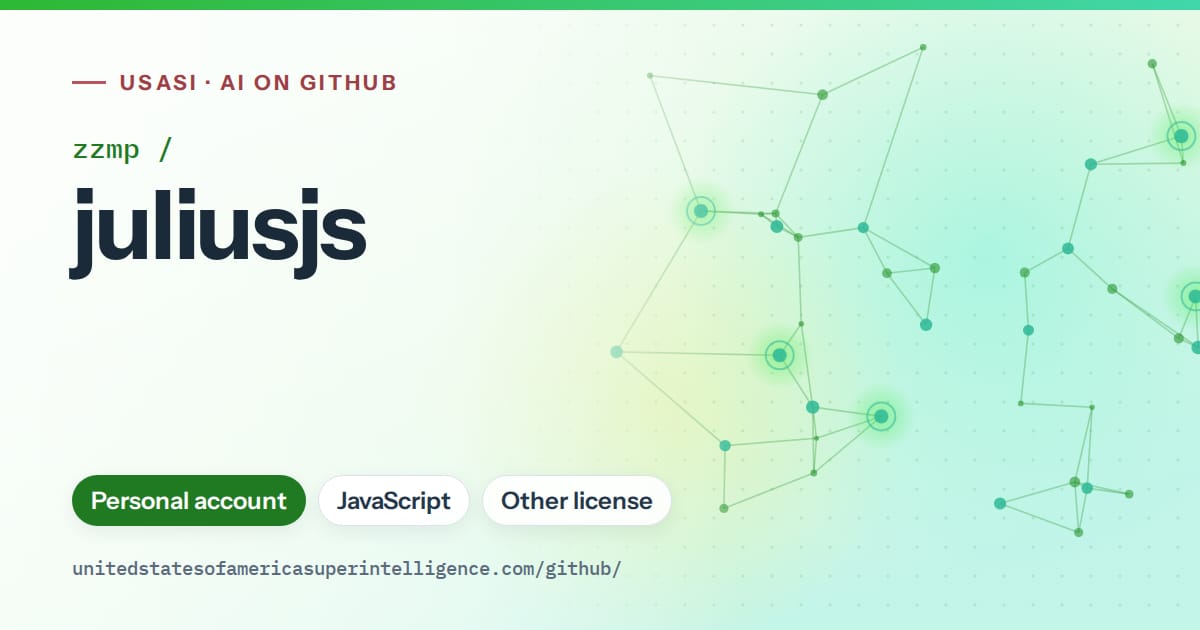Generated green constellation network artwork for zzmp/juliusjs, labeled USASI · AI on GitHub, with Personal account · JavaScript · Other license.