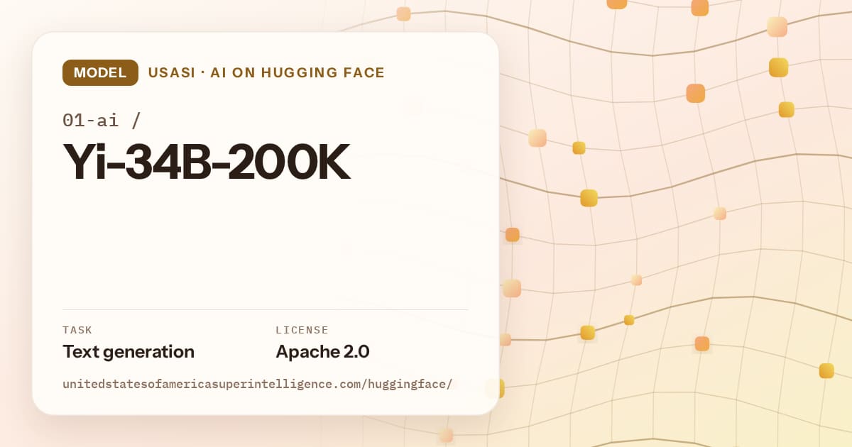 Generated amber wave-lattice artwork for the model 01-ai/Yi-34B-200K, labeled USASI · AI on Hugging Face, with Task: Text generation · License: Apache 2.0.