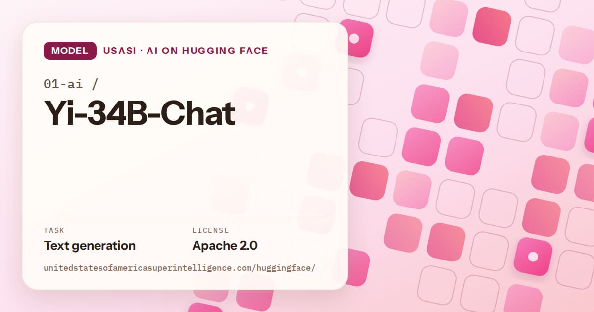 Generated rose rounded-tile grid artwork for the model 01-ai/Yi-34B-Chat, labeled USASI · AI on Hugging Face, with Task: Text generation · License: Apache 2.0.