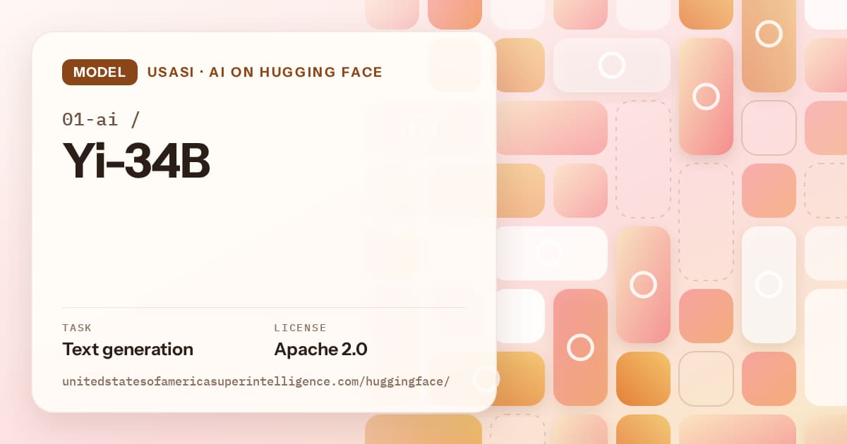 Generated orange tile-mosaic artwork for the model 01-ai/Yi-34B, labeled USASI · AI on Hugging Face, with Task: Text generation · License: Apache 2.0.