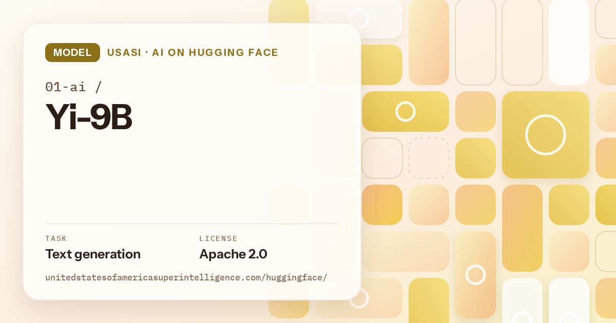 Generated gold tile-mosaic artwork for the model 01-ai/Yi-9B, labeled USASI · AI on Hugging Face, with Task: Text generation · License: Apache 2.0.
