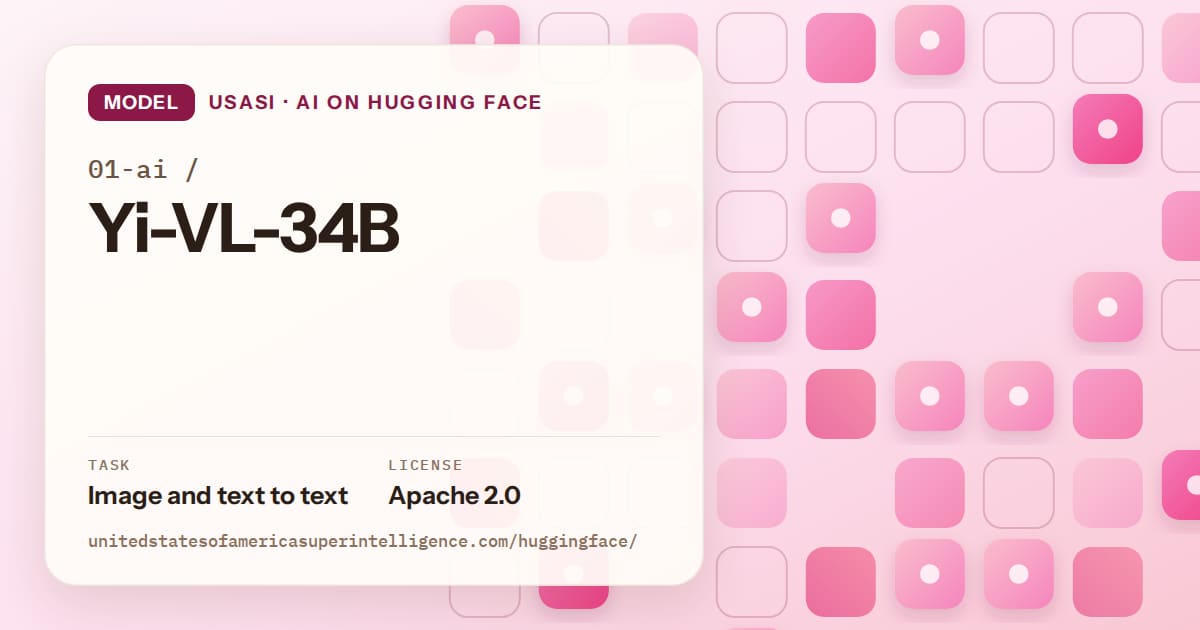 Generated rose rounded-tile grid artwork for the model 01-ai/Yi-VL-34B, labeled USASI · AI on Hugging Face, with Task: Image and text to text · License: Apache 2.0.