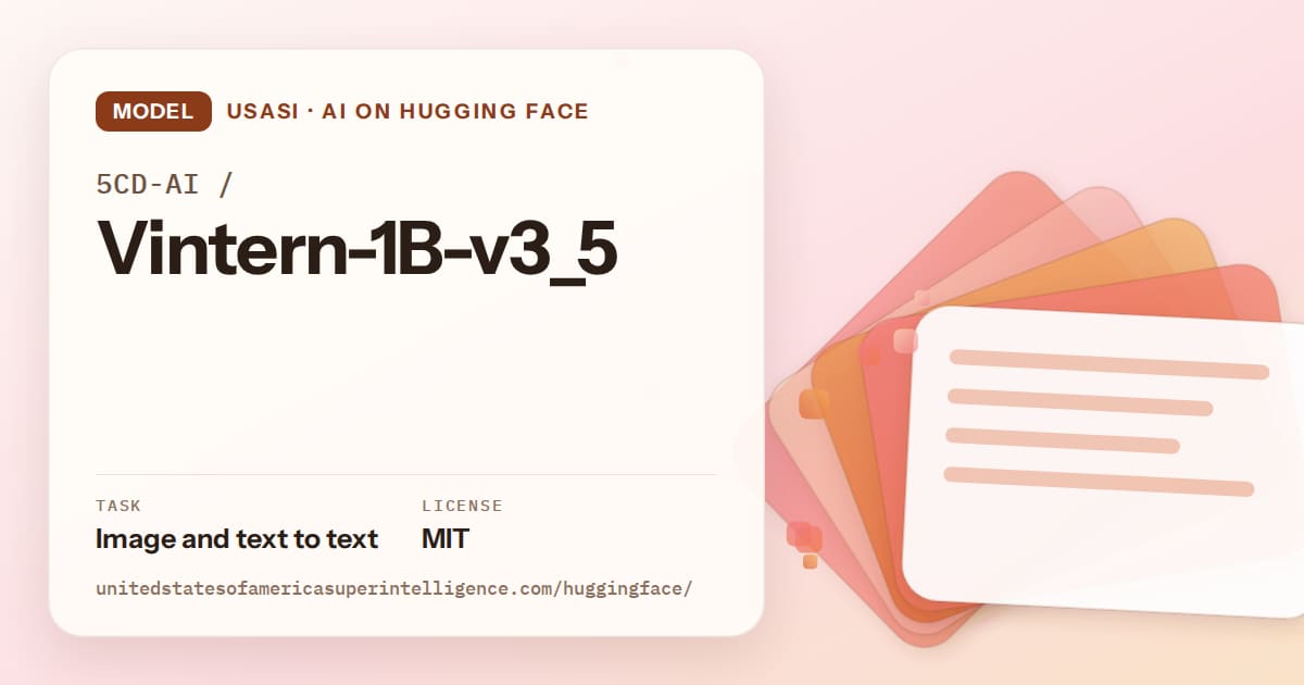 Generated tangerine layered-card artwork for the model 5CD-AI/Vintern-1B-v3_5, labeled USASI · AI on Hugging Face, with Task: Image and text to text · License: MIT.