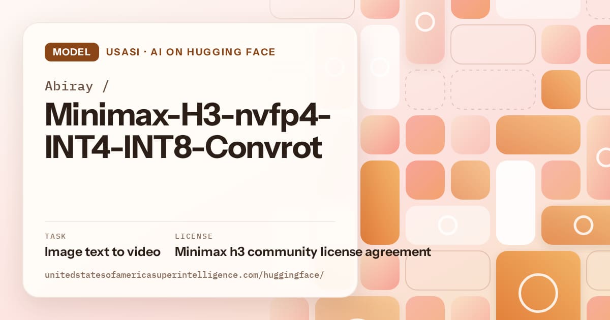 Generated orange tile-mosaic artwork for the model Abiray/Minimax-H3-nvfp4-INT4-INT8-Convrot, labeled USASI · AI on Hugging Face, with Task: Image text to video · License: Minimax h3 community license agreement.