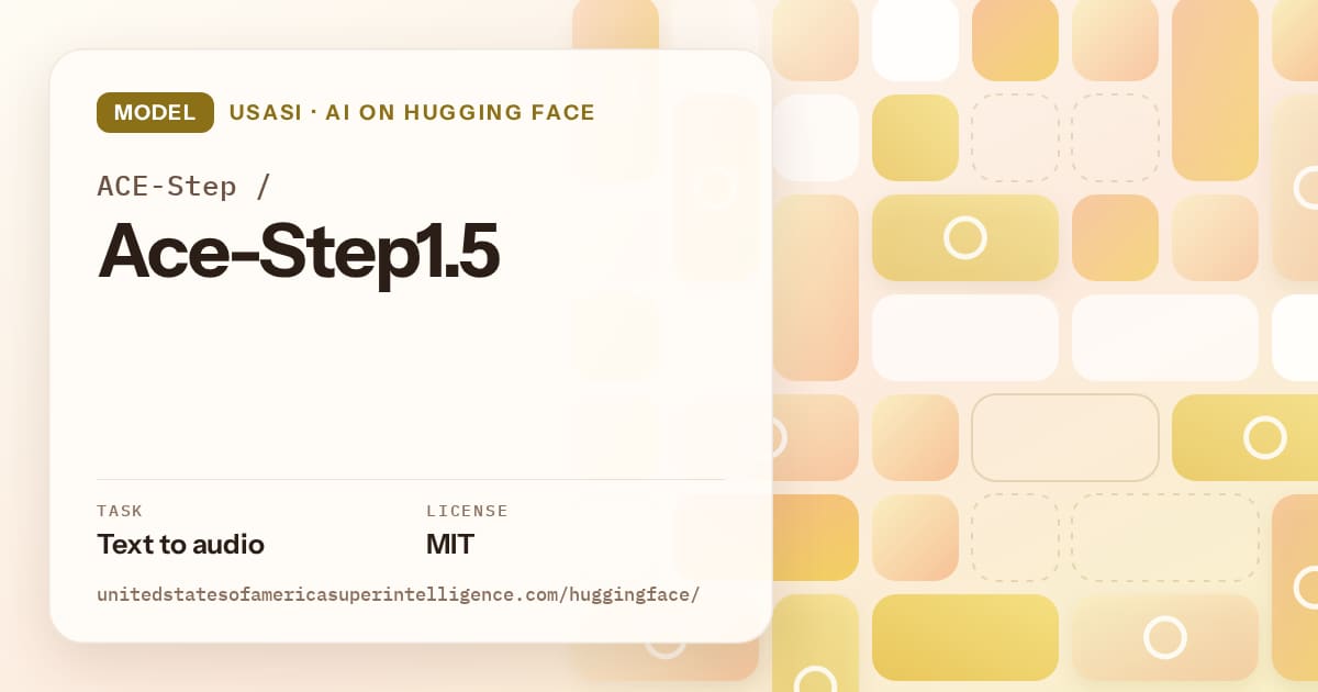 Generated gold tile-mosaic artwork for the model ACE-Step/Ace-Step1.5, labeled USASI · AI on Hugging Face, with Task: Text to audio · License: MIT.