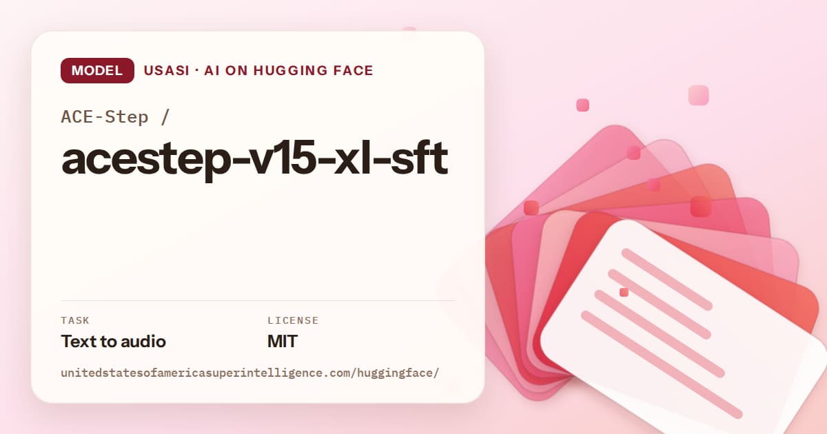 Generated coral layered-card artwork for the model ACE-Step/acestep-v15-xl-sft, labeled USASI · AI on Hugging Face, with Task: Text to audio · License: MIT.