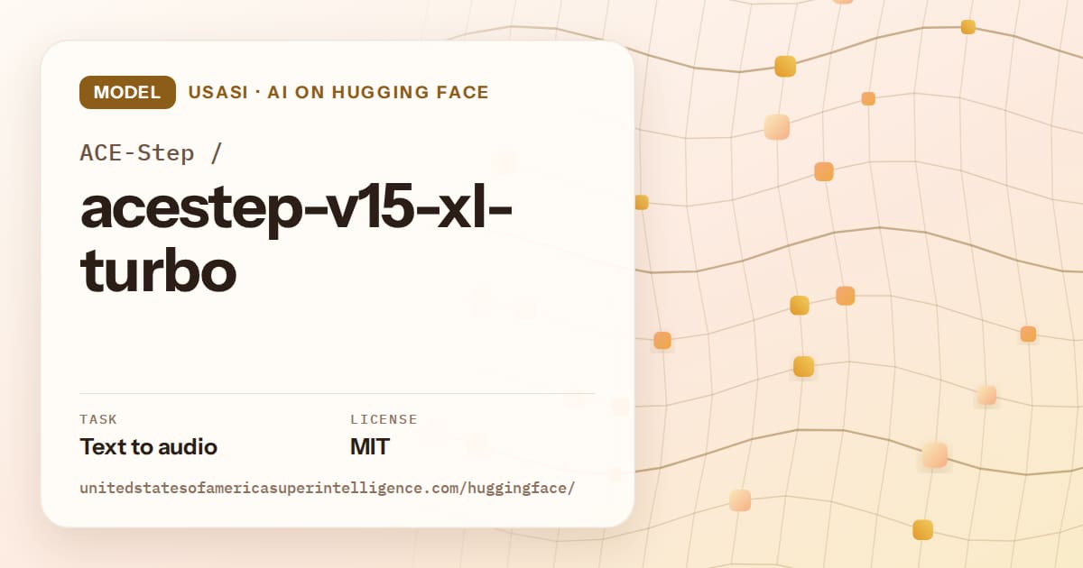 Generated amber wave-lattice artwork for the model ACE-Step/acestep-v15-xl-turbo, labeled USASI · AI on Hugging Face, with Task: Text to audio · License: MIT.
