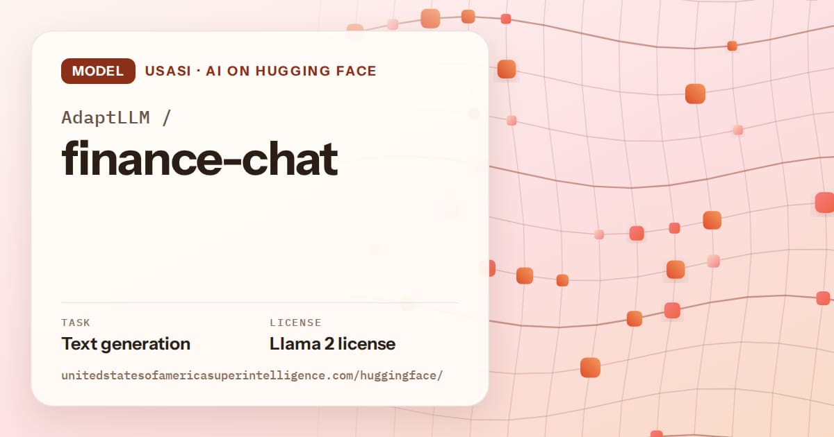 Generated tangerine wave-lattice artwork for the model AdaptLLM/finance-chat, labeled USASI · AI on Hugging Face, with Task: Text generation · License: Llama 2 license.