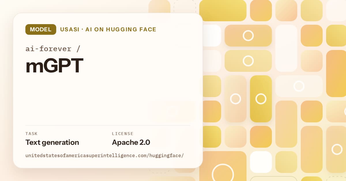 Generated gold tile-mosaic artwork for the model ai-forever/mGPT, labeled USASI · AI on Hugging Face, with Task: Text generation · License: Apache 2.0.