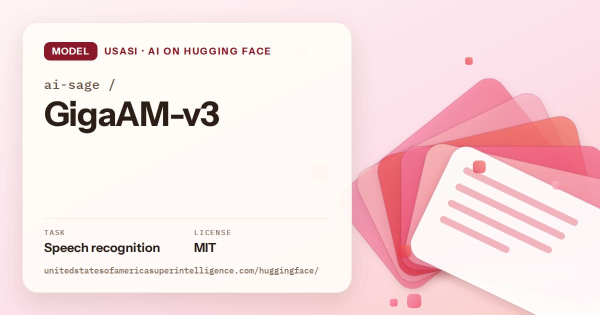 Generated coral layered-card artwork for the model ai-sage/GigaAM-v3, labeled USASI · AI on Hugging Face, with Task: Speech recognition · License: MIT.