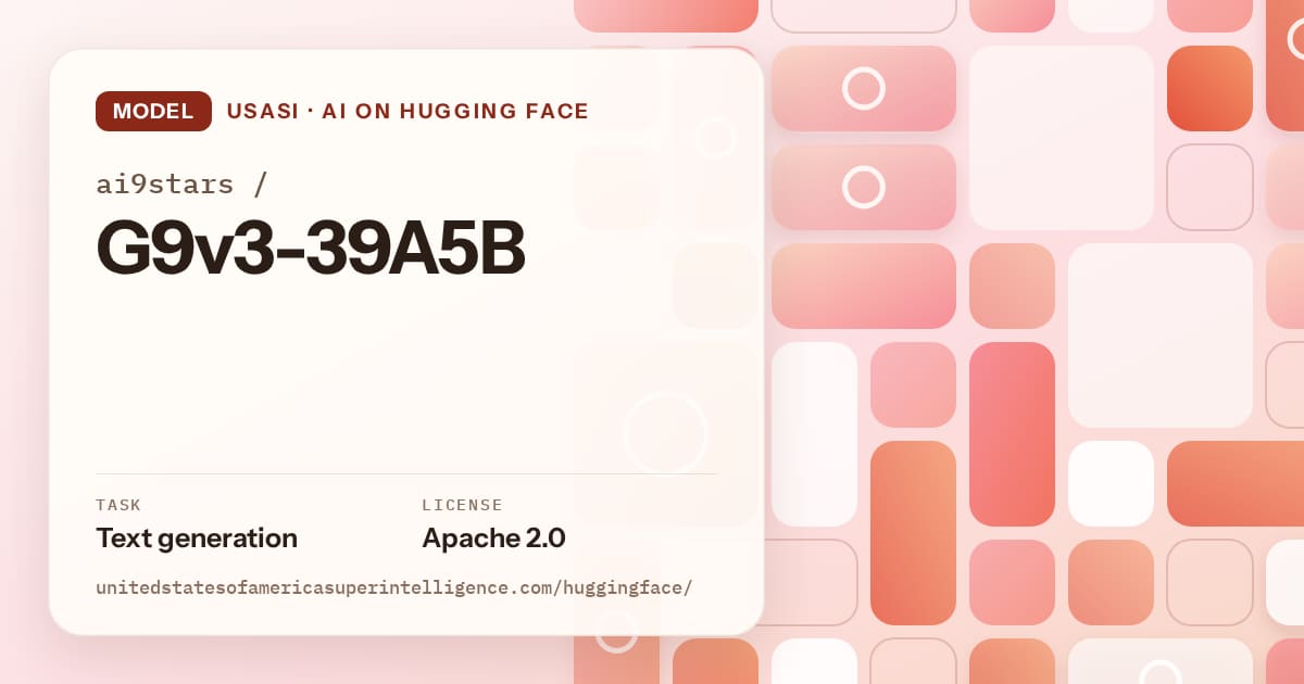 Generated coral tile-mosaic artwork for the model ai9stars/G9v3-39A5B, labeled USASI · AI on Hugging Face, with Task: Text generation · License: Apache 2.0.