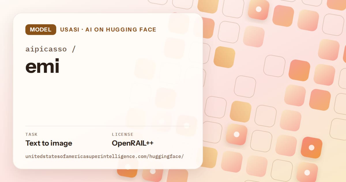 Generated orange rounded-tile grid artwork for the model aipicasso/emi, labeled USASI · AI on Hugging Face, with Task: Text to image · License: OpenRAIL++.
