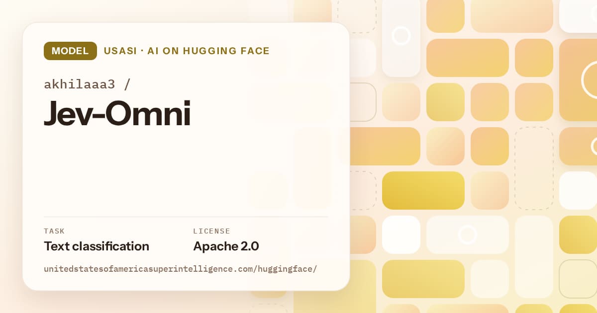 Generated gold tile-mosaic artwork for the model akhilaaa3/Jev-Omni, labeled USASI · AI on Hugging Face, with Task: Text classification · License: Apache 2.0.