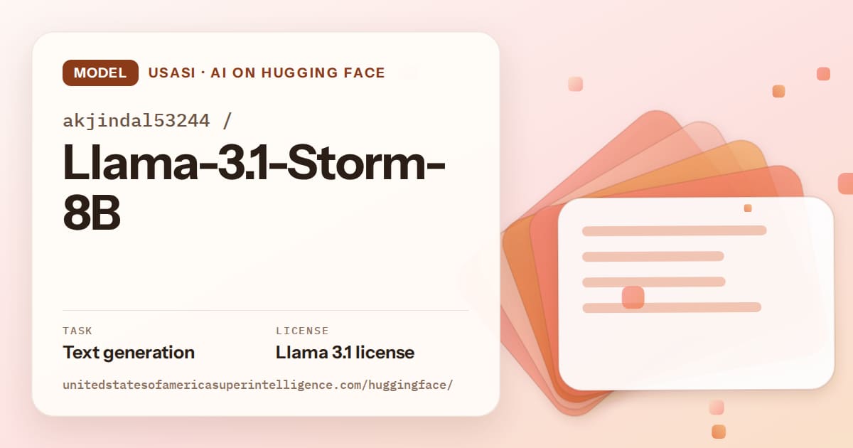 Generated tangerine layered-card artwork for the model akjindal53244/Llama-3.1-Storm-8B, labeled USASI · AI on Hugging Face, with Task: Text generation · License: Llama 3.1 license.