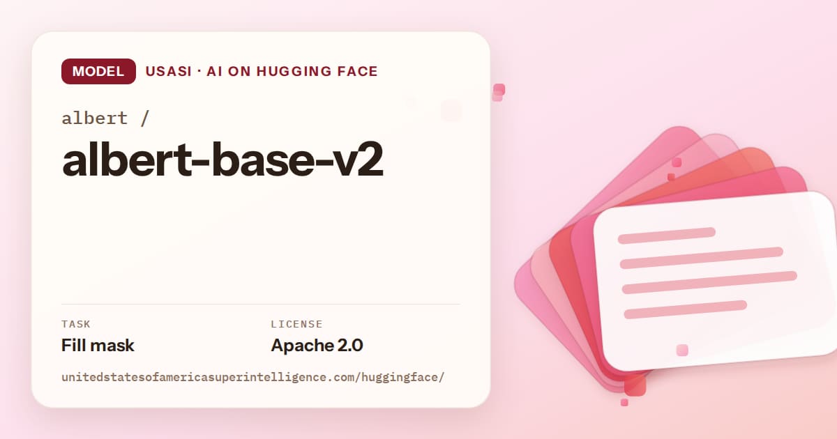Generated coral layered-card artwork for the model albert/albert-base-v2, labeled USASI · AI on Hugging Face, with Task: Fill mask · License: Apache 2.0.