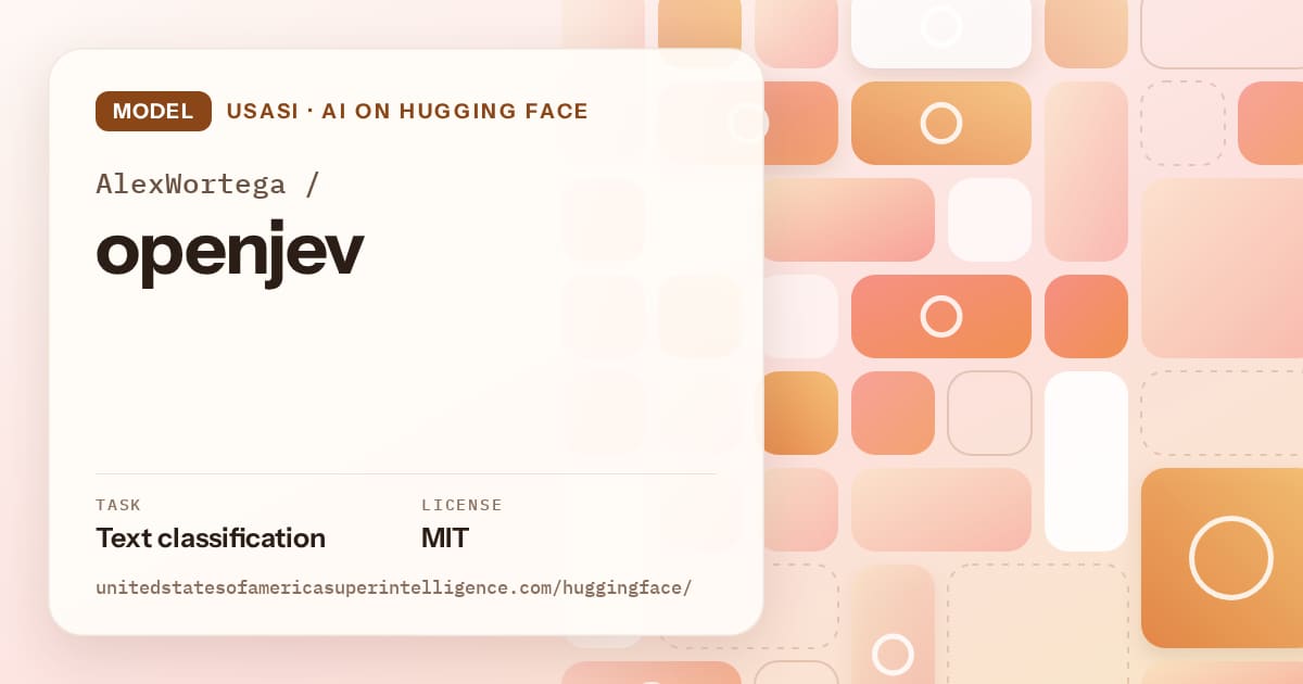 Generated orange tile-mosaic artwork for the model AlexWortega/openjev, labeled USASI · AI on Hugging Face, with Task: Text classification · License: MIT.