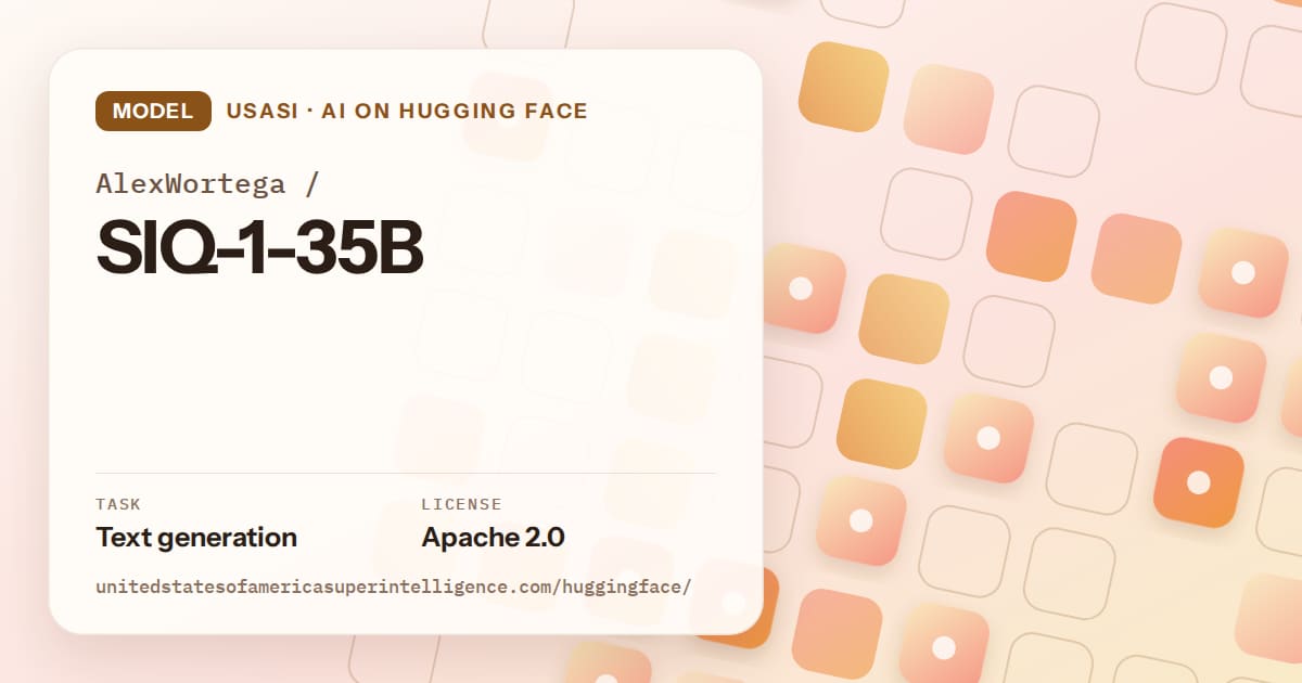 Generated orange rounded-tile grid artwork for the model AlexWortega/SIQ-1-35B, labeled USASI · AI on Hugging Face, with Task: Text generation · License: Apache 2.0.