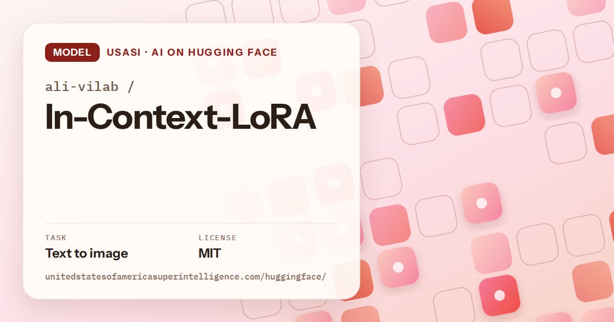 Generated coral rounded-tile grid artwork for the model ali-vilab/In-Context-LoRA, labeled USASI · AI on Hugging Face, with Task: Text to image · License: MIT.