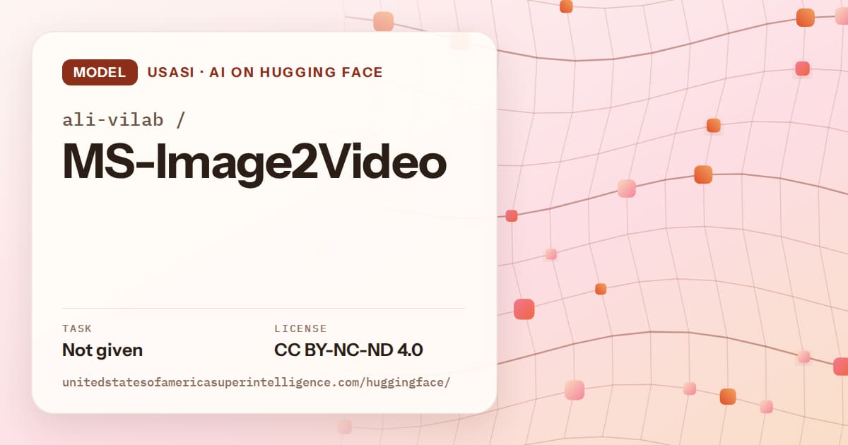 Generated tangerine wave-lattice artwork for the model ali-vilab/MS-Image2Video, labeled USASI · AI on Hugging Face, with Task: Not given · License: CC BY-NC-ND 4.0.