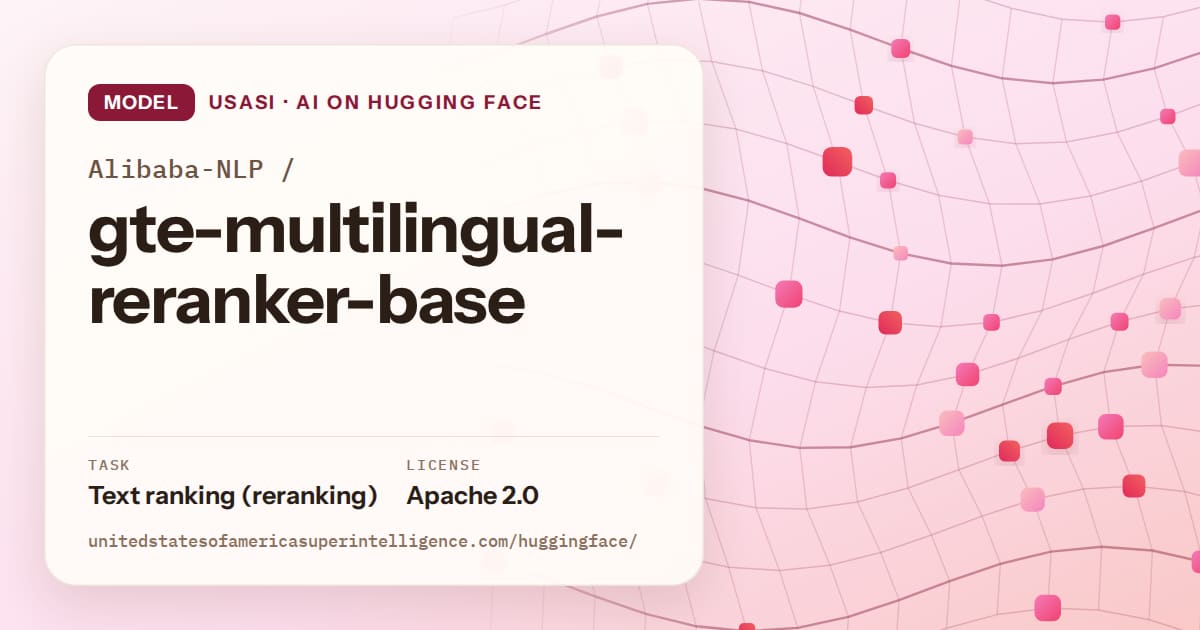 Generated rose wave-lattice artwork for the model Alibaba-NLP/gte-multilingual-reranker-base, labeled USASI · AI on Hugging Face, with Task: Text ranking (reranking) · License: Apache 2.0.