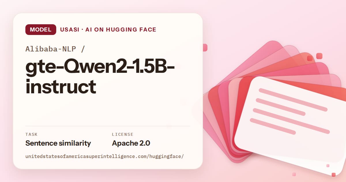 Generated coral layered-card artwork for the model Alibaba-NLP/gte-Qwen2-1.5B-instruct, labeled USASI · AI on Hugging Face, with Task: Sentence similarity · License: Apache 2.0.