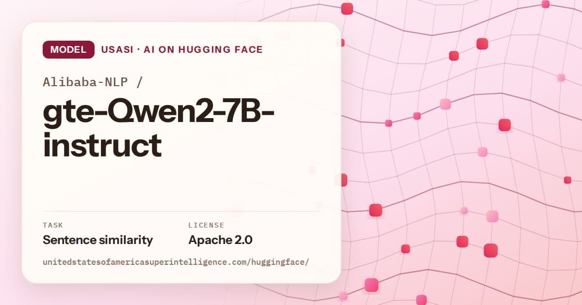 Generated rose wave-lattice artwork for the model Alibaba-NLP/gte-Qwen2-7B-instruct, labeled USASI · AI on Hugging Face, with Task: Sentence similarity · License: Apache 2.0.