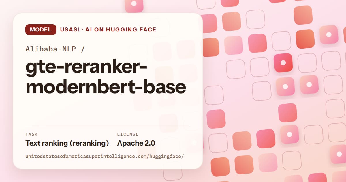 Generated coral rounded-tile grid artwork for the model Alibaba-NLP/gte-reranker-modernbert-base, labeled USASI · AI on Hugging Face, with Task: Text ranking (reranking) · License: Apache 2.0.