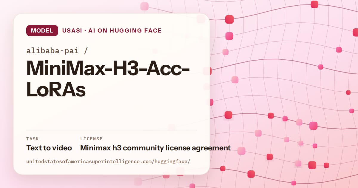 Generated rose wave-lattice artwork for the model alibaba-pai/MiniMax-H3-Acc-LoRAs, labeled USASI · AI on Hugging Face, with Task: Text to video · License: Minimax h3 community license agreement.