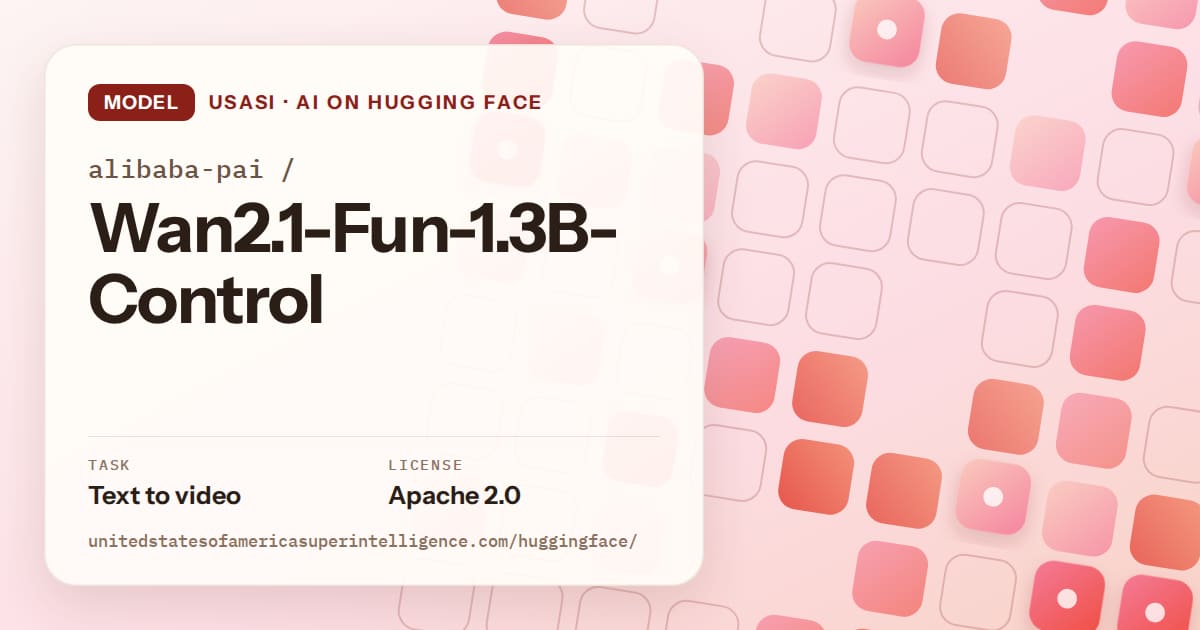Generated coral rounded-tile grid artwork for the model alibaba-pai/Wan2.1-Fun-1.3B-Control, labeled USASI · AI on Hugging Face, with Task: Text to video · License: Apache 2.0.